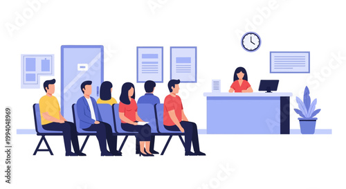 Waiting room with people sitting in line.