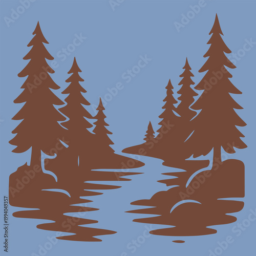 A serene forest landscape with trees reflected in calm water