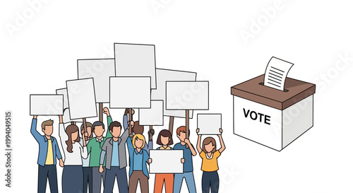 Diverse group of people protesting with signs near a ballot box.