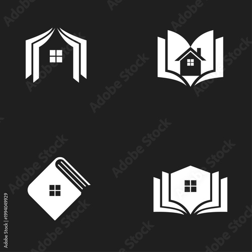 Book and House Logo Designs for Home Education, Real Estate, and Learning Concepts