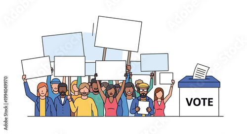 Diverse group of people protesting with signs.