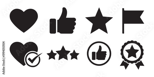 Collection of icons symbolizing success achievement and user satisfaction with graphic elements like hearts stars and thumbs up.