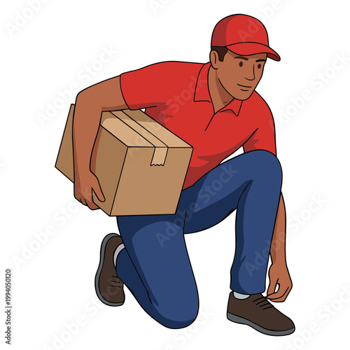 A delivery man kneeling while carrying a cardboard package quickly indoors.