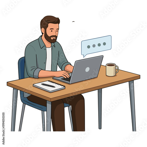 A man sits at a desk working on his laptop with a coffee nearby