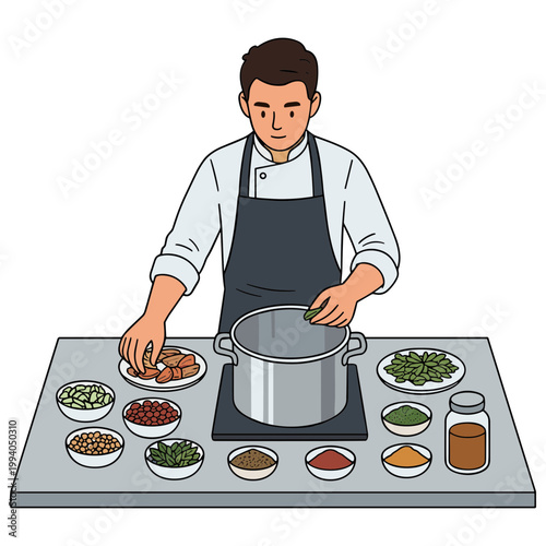 Man cooking with various ingredients on kitchen counter top view