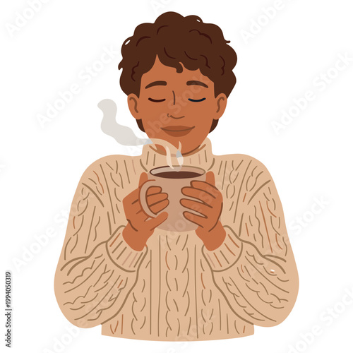 A person in a cozy sweater enjoys a steaming cup of coffee.