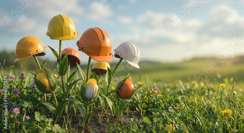 Eco-Friendly-Construction-Concept-Hard-Hats-Growing-Like-Flowers