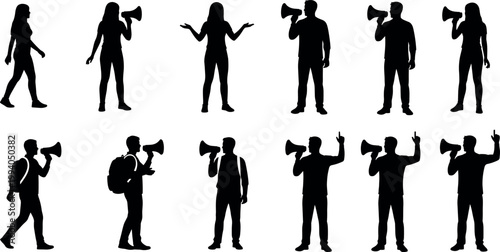 Diverse group of people silhouettes holding megaphones making announcements and communicating messages for social activism public speaking or marketing promotions