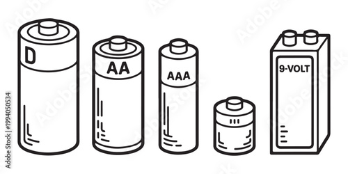 Set of different battery types and sizes isolated on transparent background illustration.