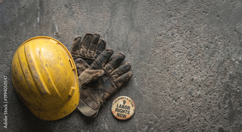 Labor-Rights-Protest-Concept-Worn-Hard-Hat-Gloves-And-Solidarity-Pin