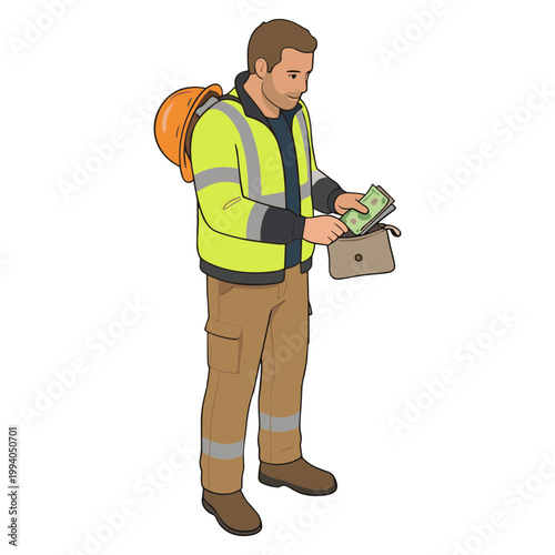 Man in safety vest counting money from wallet outdoors