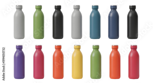 Koleksi dua belas botol air minum termos insulasi warna warni 3D berjejer rapi dengan latar belakang hitam untuk gaya hidup sehat