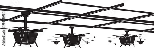 Drone, drones flying, black drone icons, robotic vector graphics, aerial vehicle set