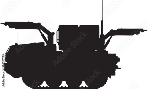 Black silhouette military tank, armored vehicle, combat machine, warfare illustration