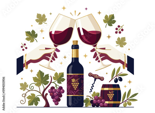 Wine Celebration: A stylized illustration presents a festive wine-themed scene, with two glasses raised in a celebratory toast alongside a bottle, grapes, and decorative elements.