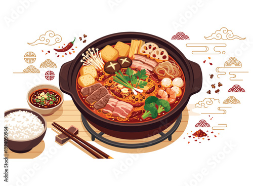 Flavorful Feast: An enticing illustration showcases a vibrant and delectable hot pot brimming with diverse ingredients, promising a culinary adventure.