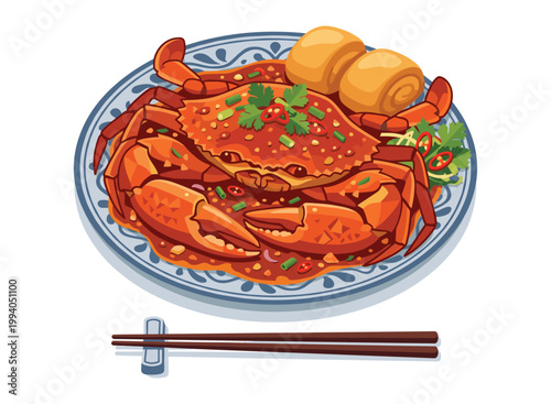 Savory Crab Cuisine: A delectable serving of crab, immersed in a rich, vibrant sauce, presented on a patterned plate, alongside a pair of chopsticks.