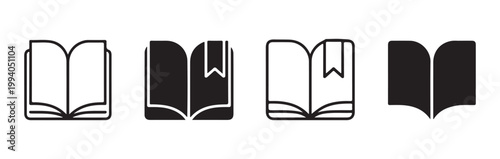 Open book icons with bookmarks for reading applications and education portals minimalist vector set.