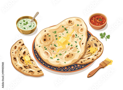 Delicious Naan bread, butter and dips: Indulge in a culinary journey with this enticing image of freshly baked naan bread, complemented by a dollop of butter and a variety of flavorful dips.