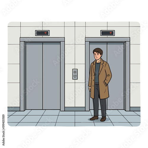 Man stands beside an elevator in a lobby with modern tile flooring and walls