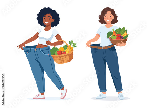 Wellness Journey with Vegetables: Two women display their weight loss, showcasing the positive impact of healthy eating. They hold baskets overflowing with fresh, vibrant vegetables.