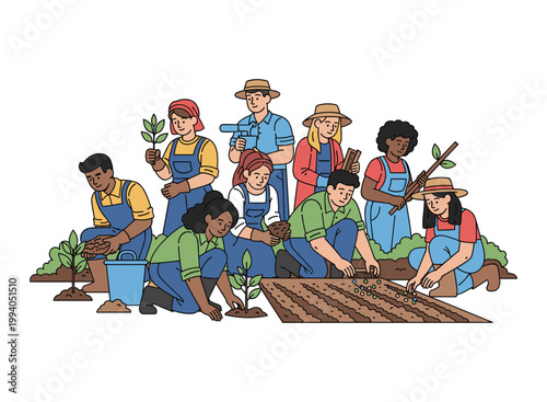 Community Garden: Diverse individuals engaged in community gardening, cultivating the earth, and nurturing plants with care and collaboration.