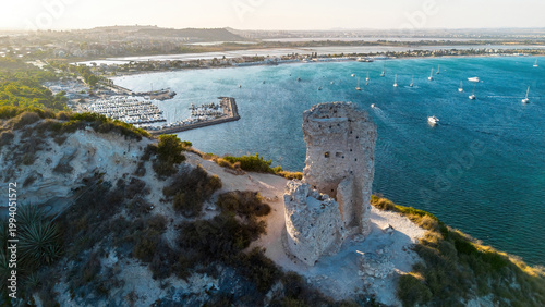 Canvas Print Aerial view of the ruins of Torre del Poetto watchtower on the Sella del Diavolo
