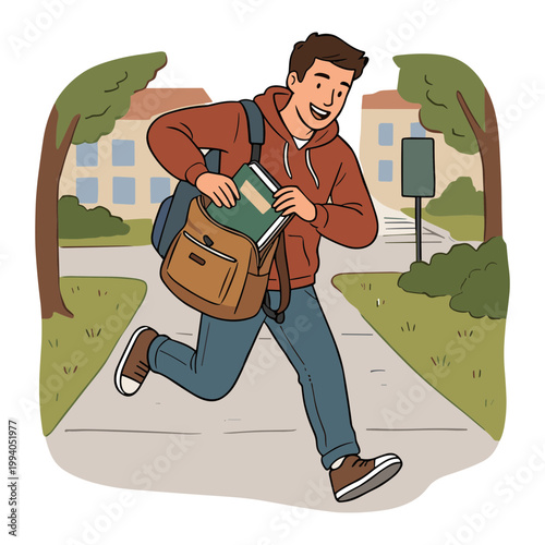 A young man runs down a sidewalk holding books and wearing a backpack on a sunny day outside a school.