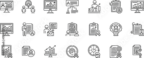 Business analytics audit reporting performance line icon set including KPI charts teamwork dashboard approval monitoring outline vector collection