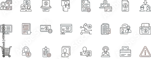 Business payment workflow security document management outline icon set finance transaction verification editable stroke vector office interface collection
