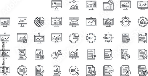 Business analytics dashboard KPI report outline icon set performance monitoring statistics evaluation editable stroke vector office interface collection