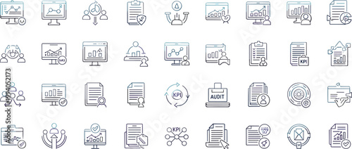 Business analytics KPI dashboard monitoring outline icon set reporting evaluation statistics editable stroke vector office interface collection