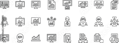 Business analytics dashboard KPI teamwork report outline icon set performance monitoring statistics editable stroke vector office interface collection