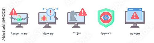 Malware attack icon set featuring ransomware,trojan and spyware threats.Ideal for cybersecurity risk,hacking concept and digital security visuals.