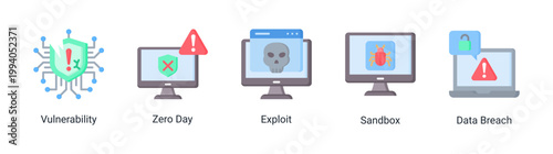 Vulnerability icon set featuring zero day,exploit and data breach.Ideal for cybersecurity analysis and threat detection concepts.