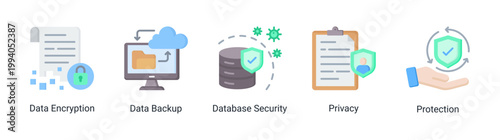 Data security icon set featuring encryption,backup and privacy protection.Perfect for secure data system and information security visuals.