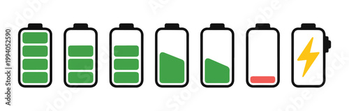Various battery power level indicators with charging lightning bolt, vector illustrations.