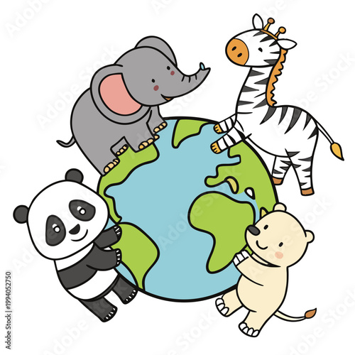 Photography Cute wild animals hugging and holding world globe.
