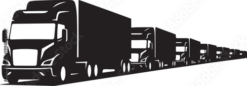 Truck convoy, semi-truck train, black silhouette, transportation icons, vector graphics