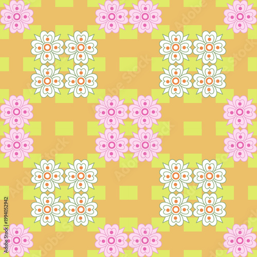 Floral Seamless Pattern with Pink Flowers on Checkered Background