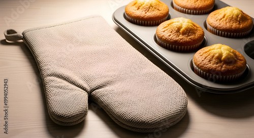 Oven glove and muffin baking tray.
