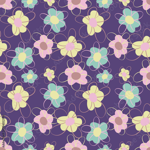 Seamless Hand-Drawn Pastel Flower Pattern on Dark Purple Background