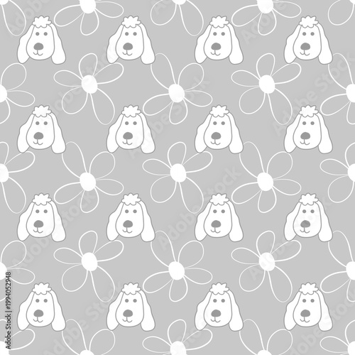 Cute poodle dog and flower seamless pattern on grey background