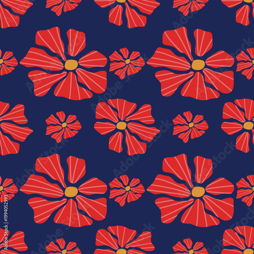 Seamless Pattern with Stylized Red Flowers on Dark Blue Background