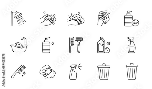 Bath cleaning routine icon set bathroom vector