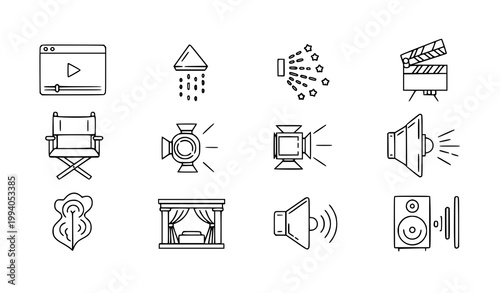 Movie film entertainment linear icon set cinema vector