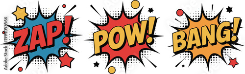 Comic style sound effects vector, illustration, vibrant pop art speech bubbles featuring zap pow bang text elements for dynamic cartoon action and graphic design use.