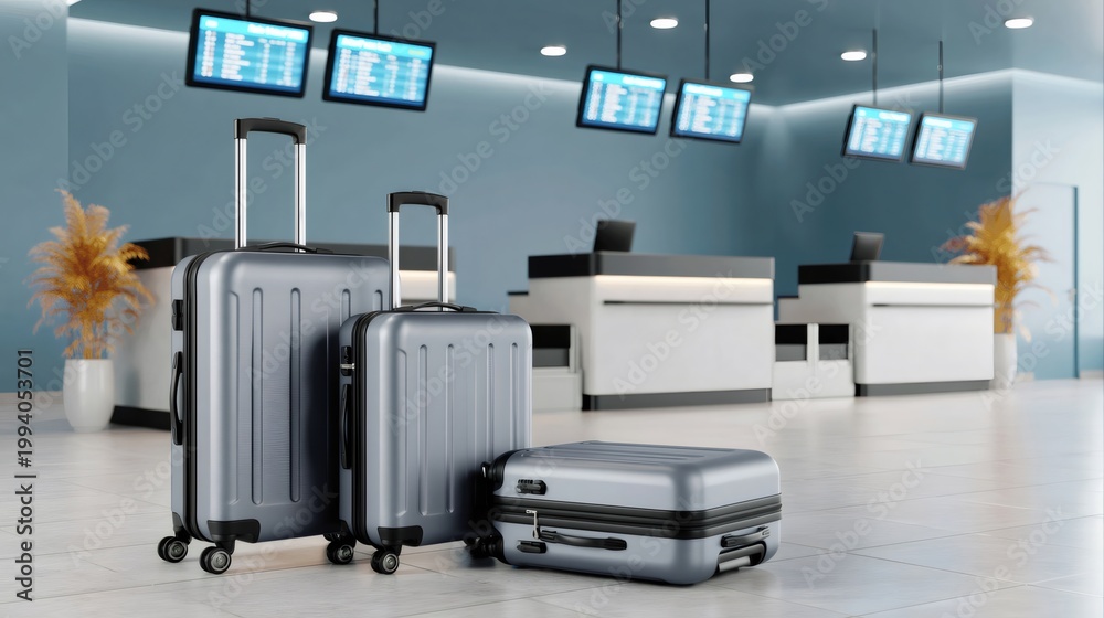 Naklejka premium Luggage and suitcases waiting at airport check-in area