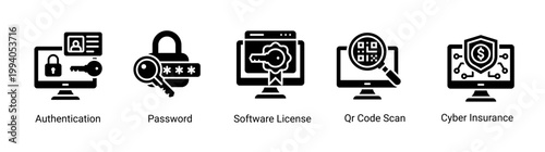 Secure access icon set with authentication,password and software license.Ideal for login security and system access control concepts.