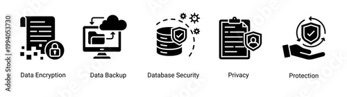 Data security icon set featuring encryption,backup and privacy protection.Perfect for secure data system and information security visuals.